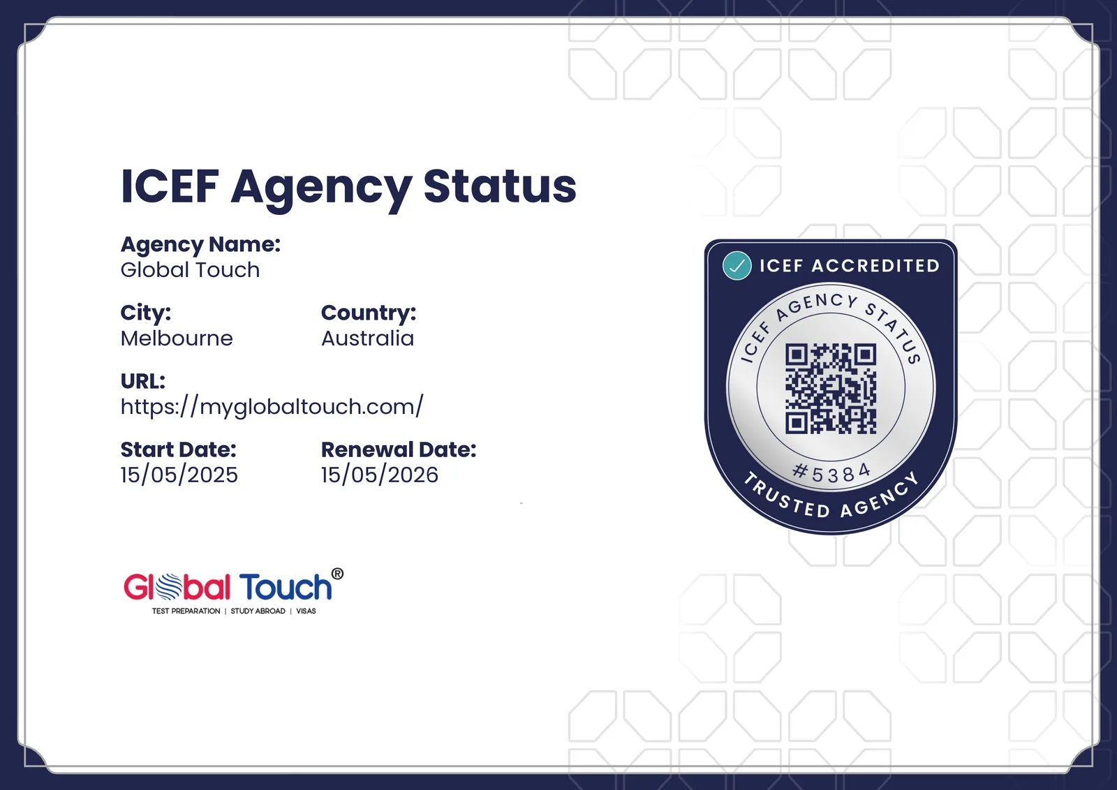 Global Touch ICEF Agency Status accreditation certificate